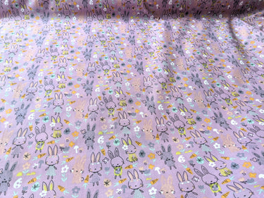 Lilac Purple Sally Polycotton Spring Bunny Rabbit Easter Fabric, Festive Fabric, Holiday Fabric